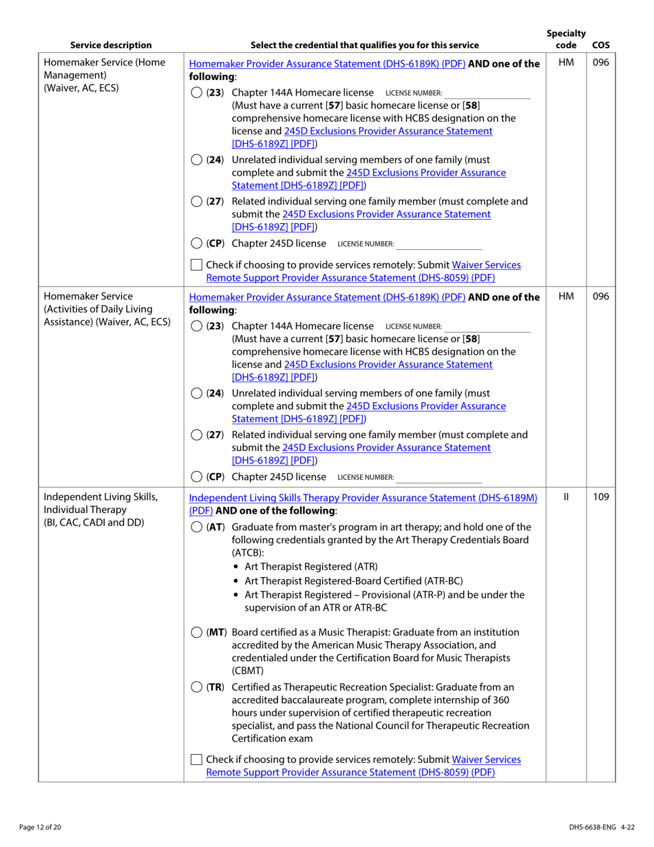 Form DHS-6638-ENG Home and Community-Based Services (Hcbs) Programs Service Request - Minnesota, Page 12