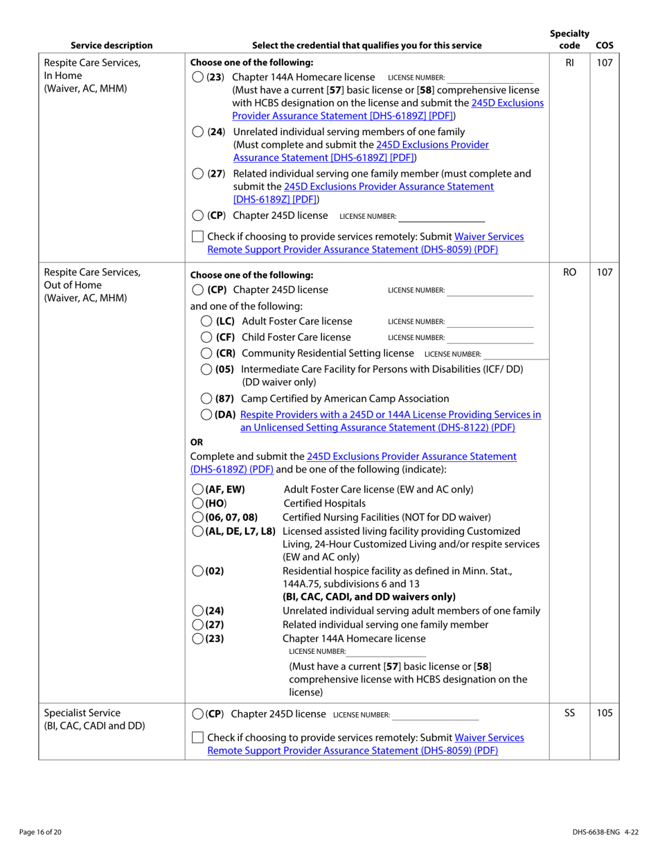 Form DHS-6638-ENG Home and Community-Based Services (Hcbs) Programs Service Request - Minnesota, Page 16