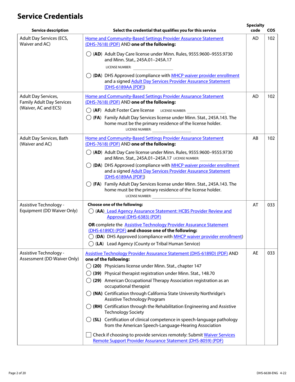 Form DHS-6638-ENG Home and Community-Based Services (Hcbs) Programs Service Request - Minnesota, Page 2