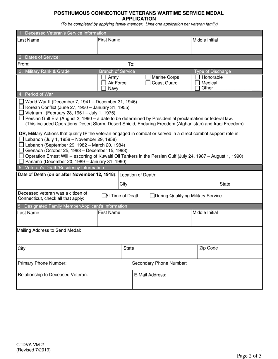 Form CTDVA VM-2 Posthumous Connecticut Veterans Wartime Service Medal Application - Connecticut, Page 2