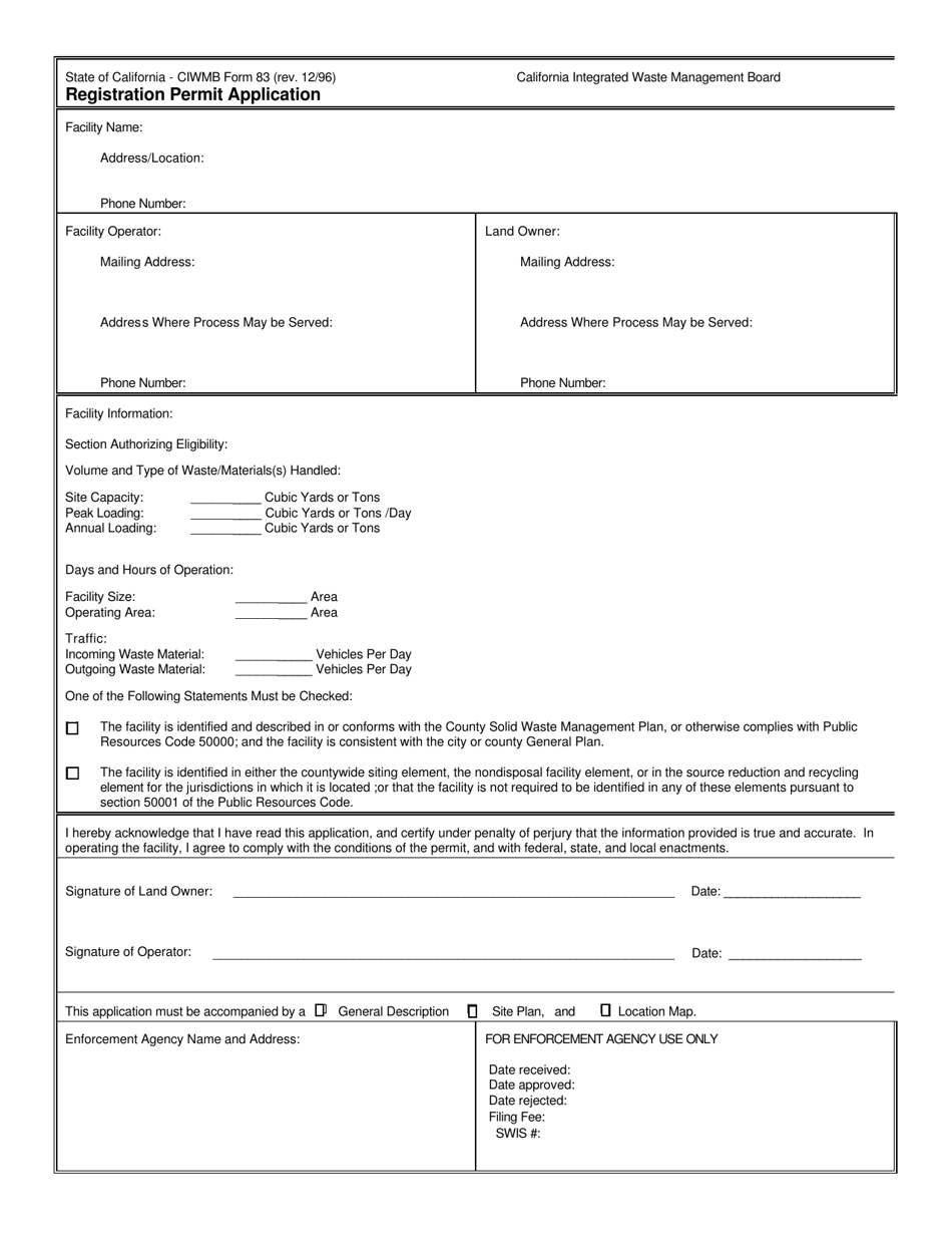 CIWMB Form 83 Registration Permit Application - California, Page 1
