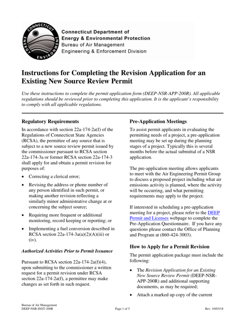 Instructions for Form DEEP-NSR-APP-200R Revision Application for an Existing New Source Review Permit - Connecticut