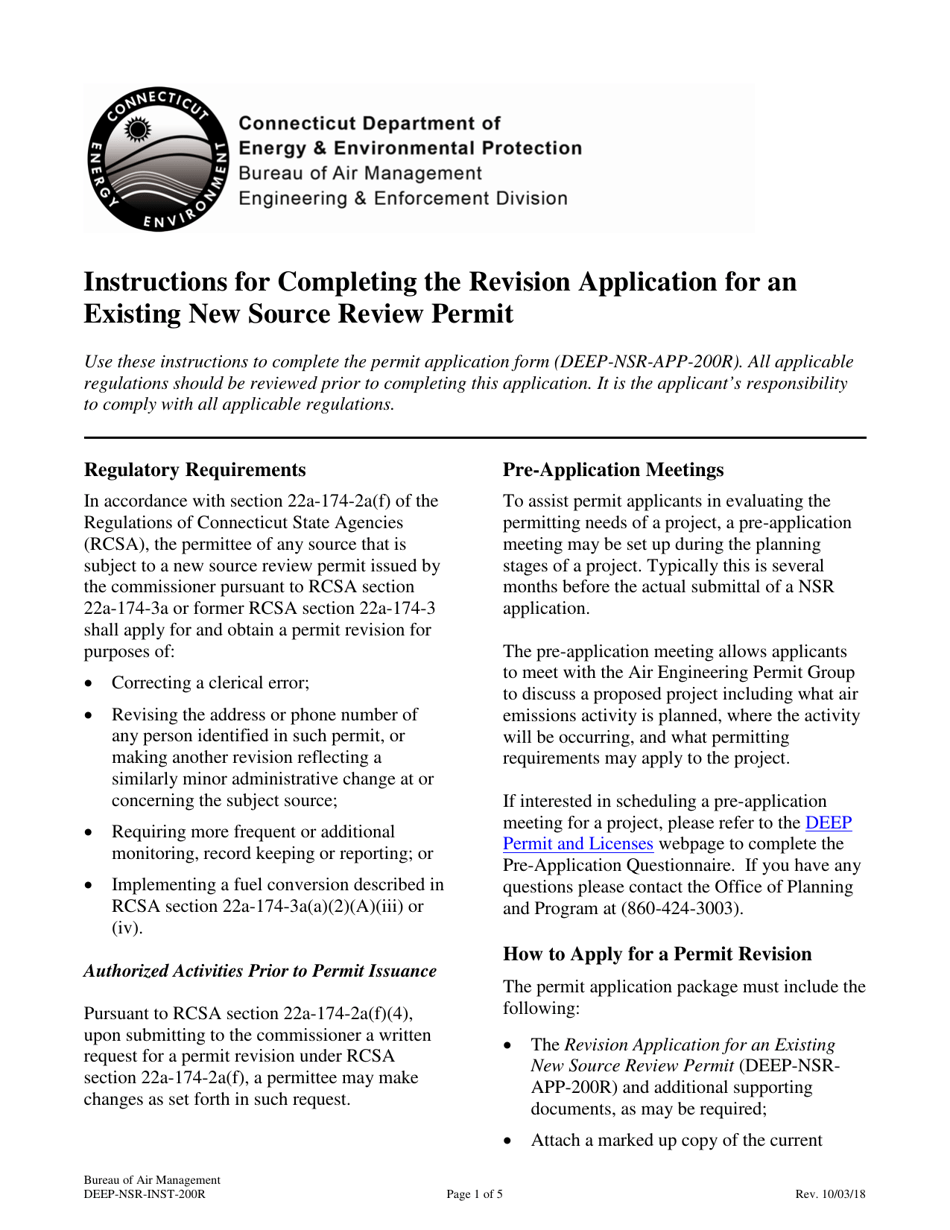 Instructions for Form DEEP-NSR-APP-200R Revision Application for an Existing New Source Review Permit - Connecticut, Page 1