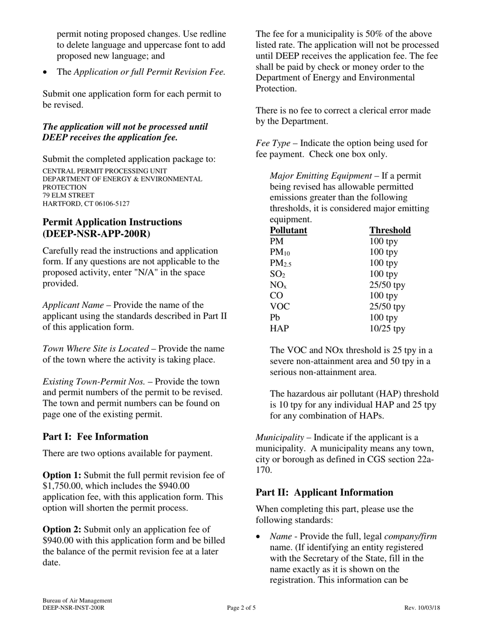 Instructions for Form DEEP-NSR-APP-200R Revision Application for an Existing New Source Review Permit - Connecticut, Page 2