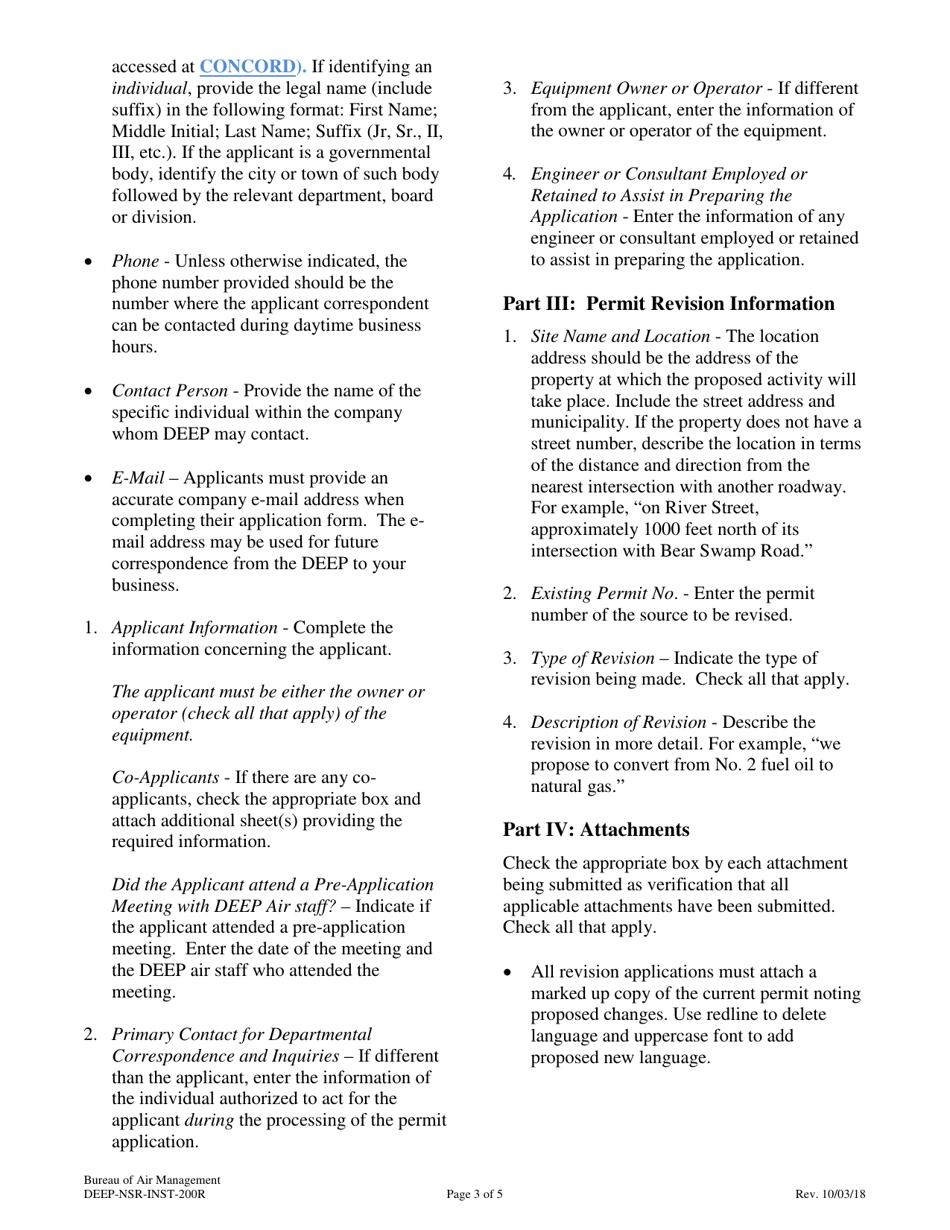 Instructions for Form DEEP-NSR-APP-200R Revision Application for an Existing New Source Review Permit - Connecticut, Page 3