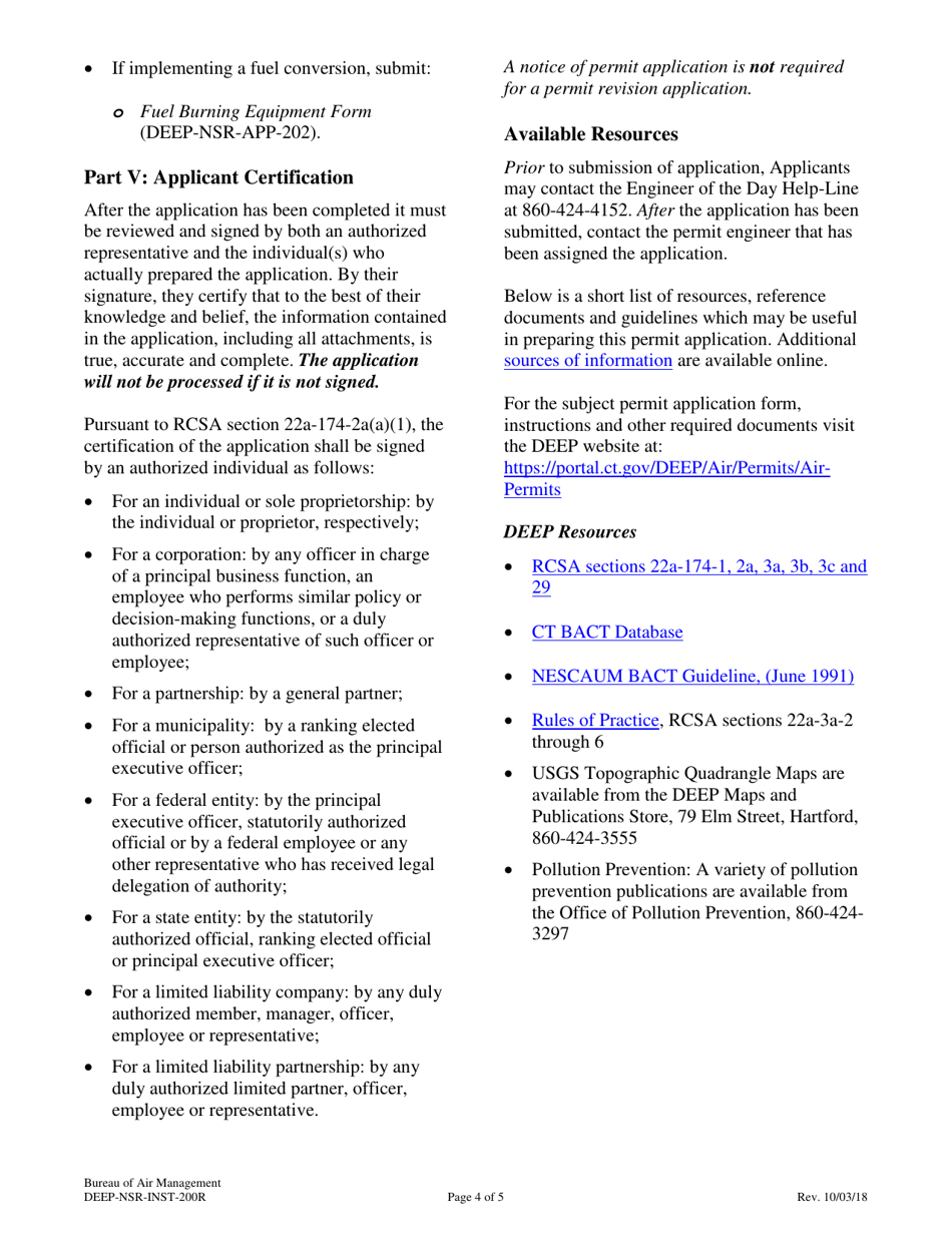 Instructions for Form DEEP-NSR-APP-200R Revision Application for an Existing New Source Review Permit - Connecticut, Page 4