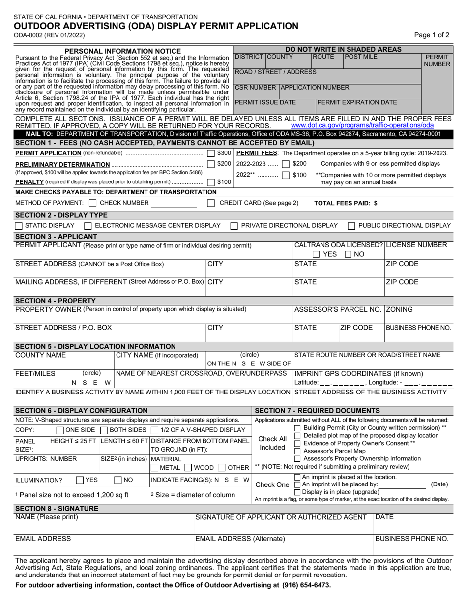 Form ODA-0002 Outdoor Advertising (Oda) Display Permit Application - California, Page 1