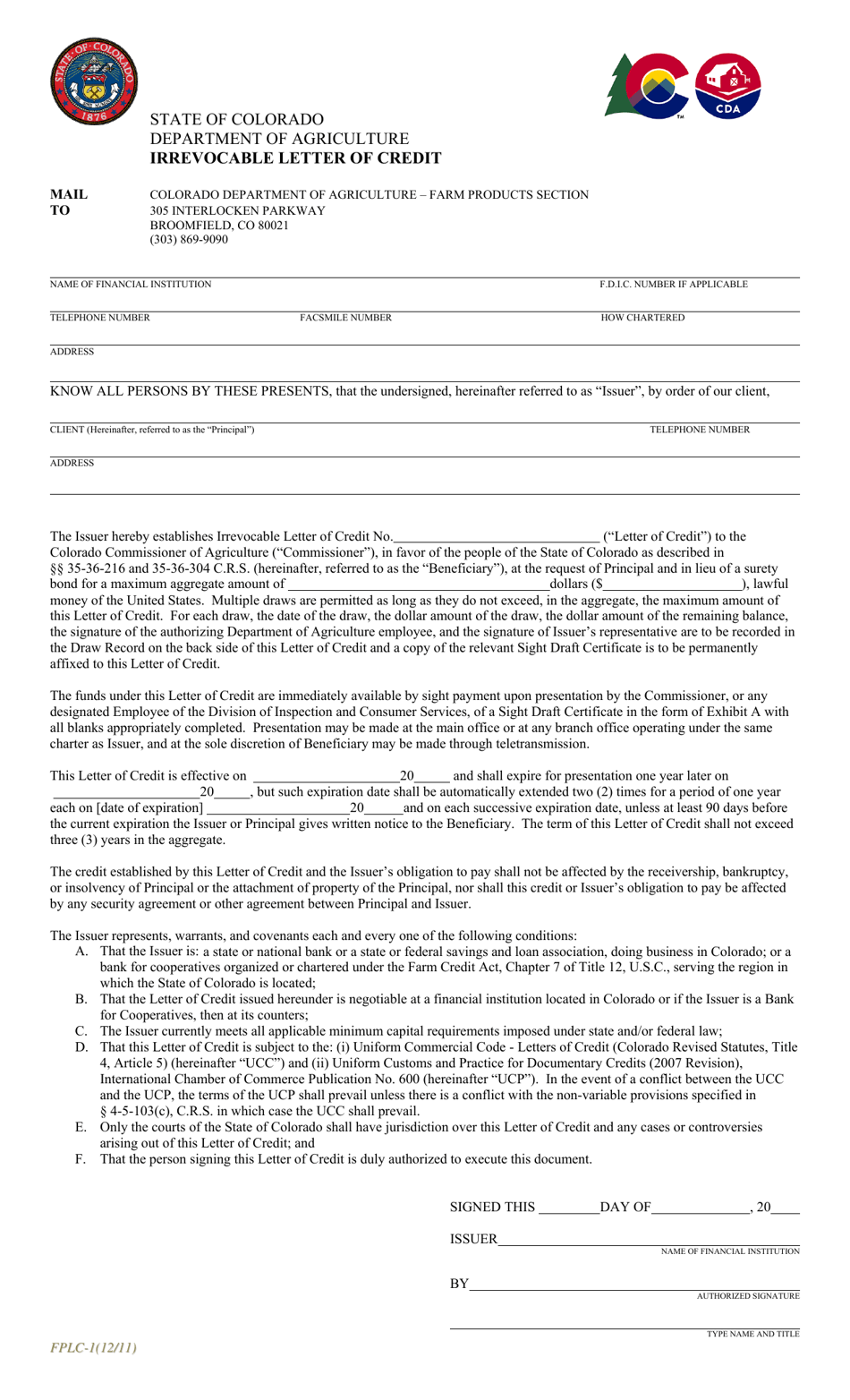Form FPLC-1 Irrevocable Letter of Credit - Colorado, Page 1