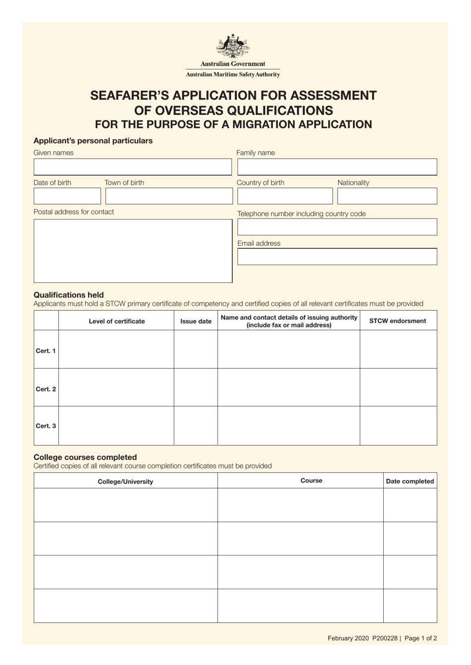 Form P200228 Seafarers Application for Assessment of Overseas Qualifications for the Purpose of a Migration Application - Australia, Page 2