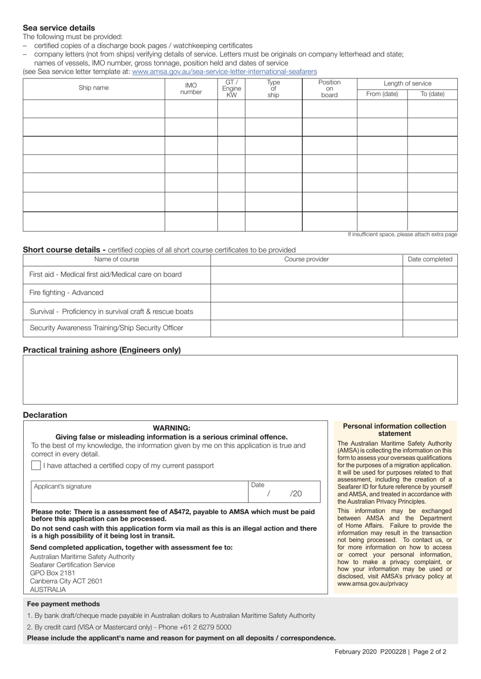 Form P200228 Seafarers Application for Assessment of Overseas Qualifications for the Purpose of a Migration Application - Australia, Page 3