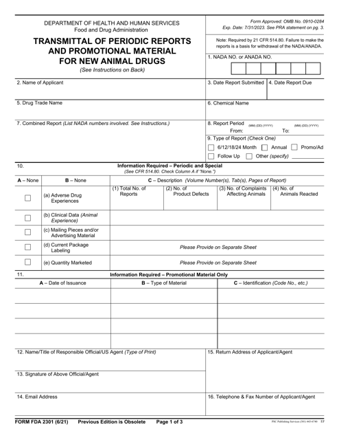 Form FDA2301 Transmittal of Periodic Reports and Promotional Material for New Animal Drugs