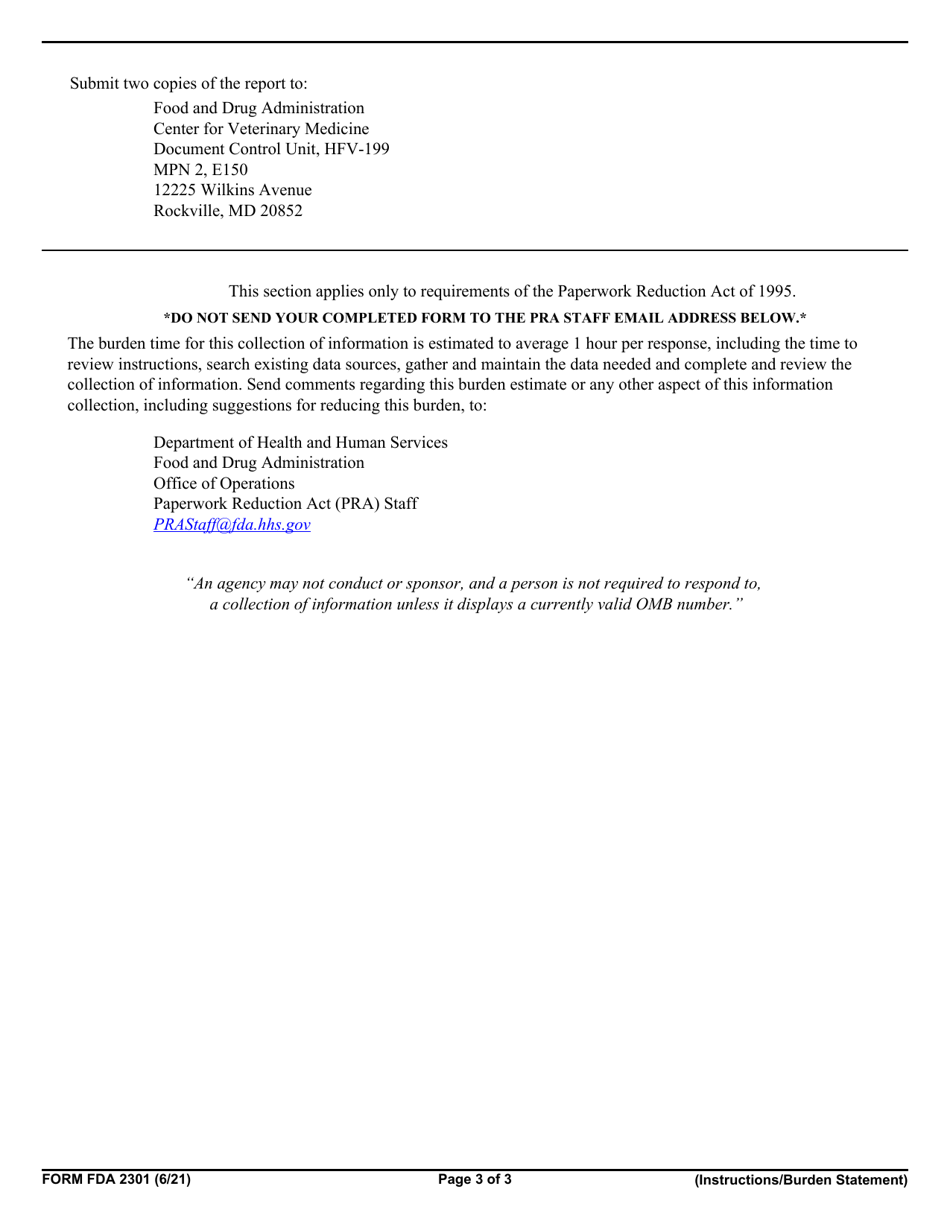 Form FDA2301 Transmittal of Periodic Reports and Promotional Material for New Animal Drugs, Page 3