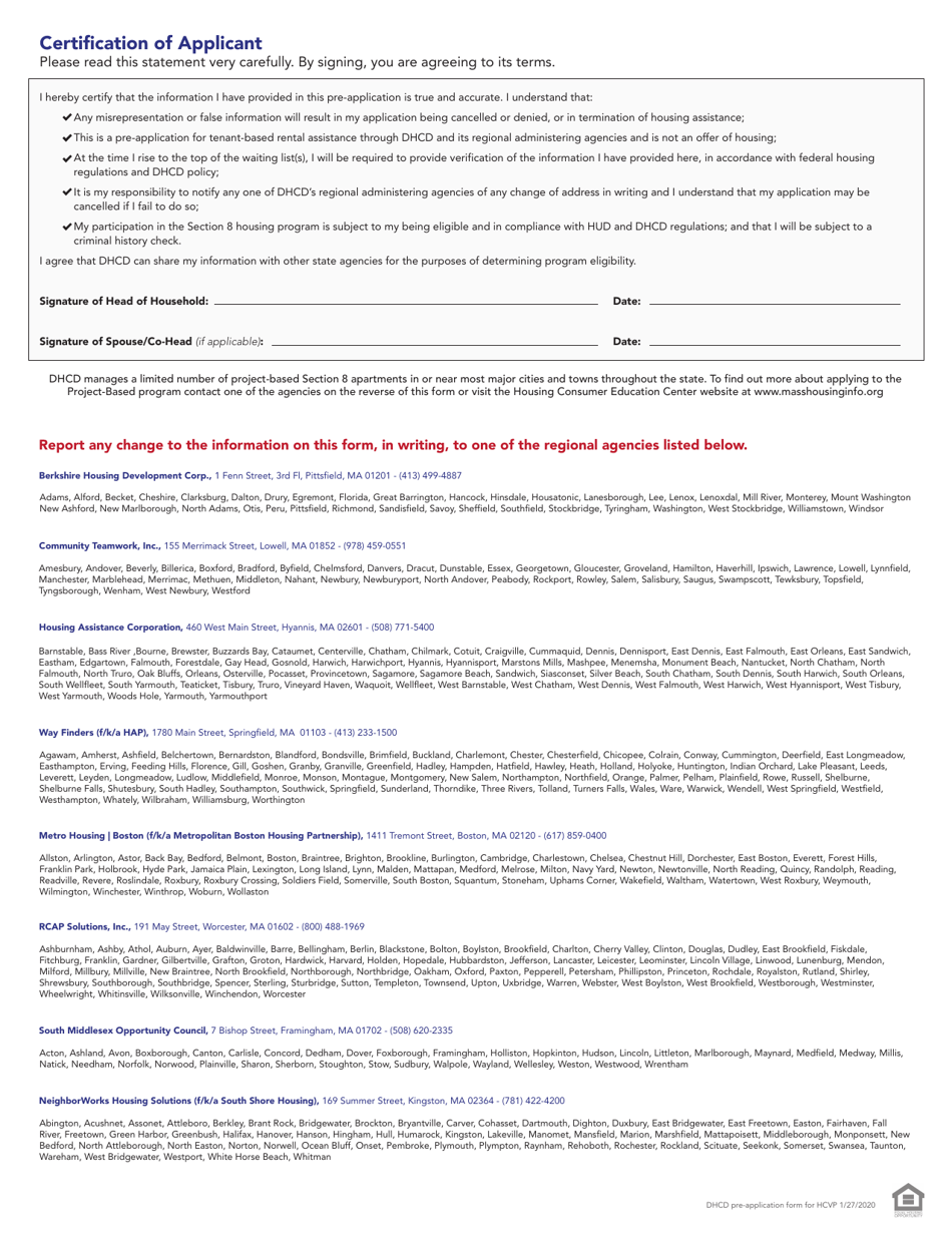 Massachusetts Preapplication for Housing Assistance Section 8
