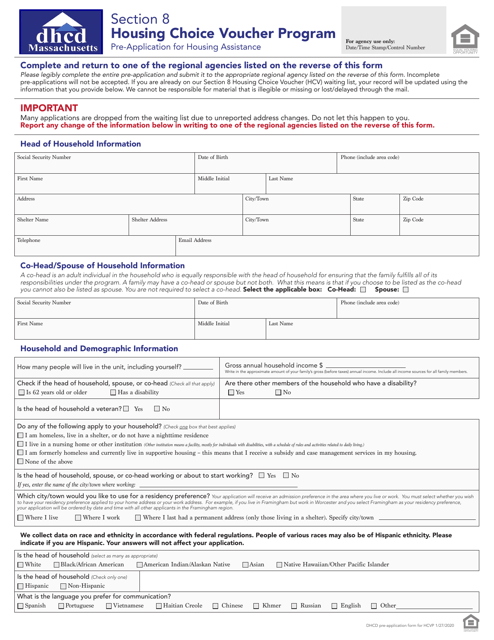 Pre-application for Housing Assistance - Section 8 Housing Choice Voucher Program - Massachusetts