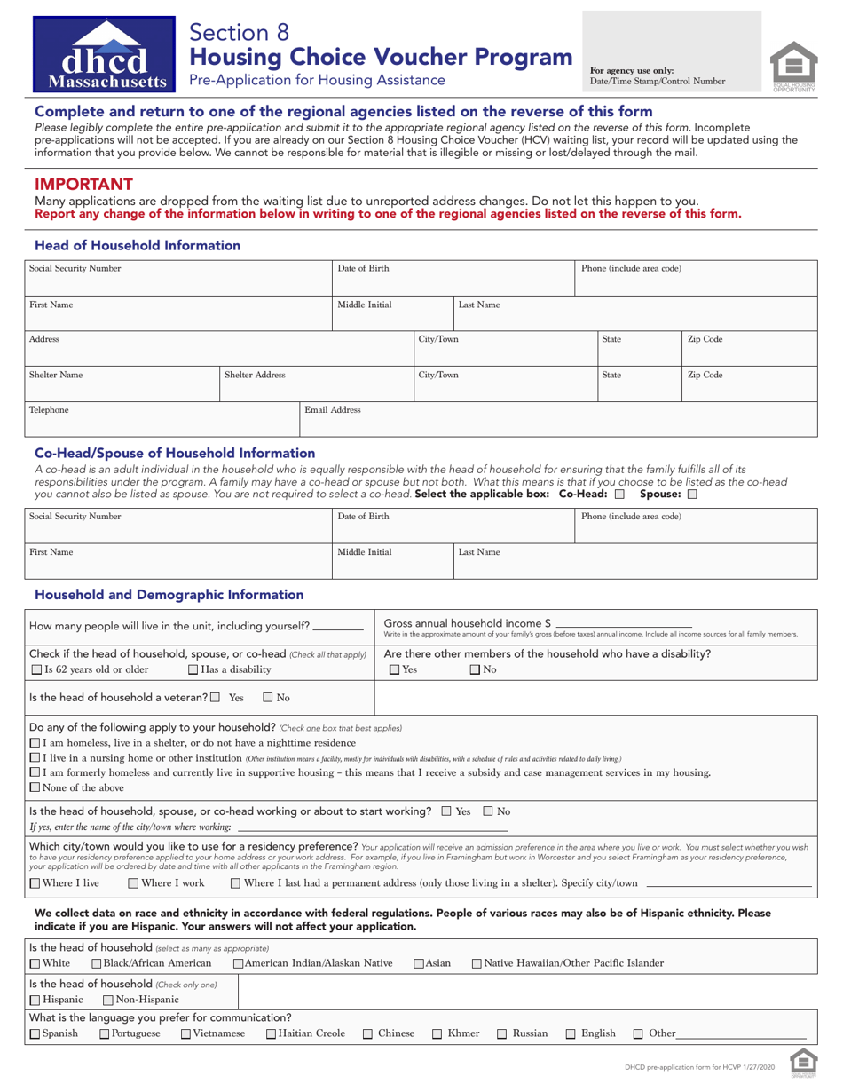 Massachusetts Preapplication for Housing Assistance Section 8