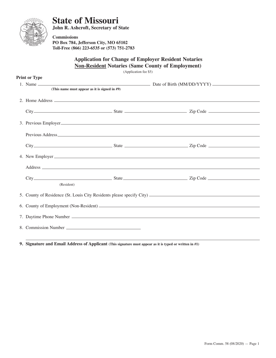 Form COMM.58 Application for Change of Employer Resident Notaries Non-resident Notaries (Same County of Employment) - Missouri, Page 1