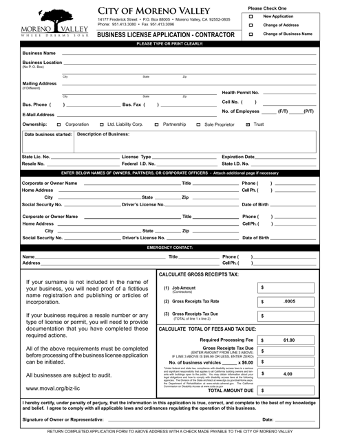 Business License Application - Contractor - City of Moreno Valley, California Download Pdf