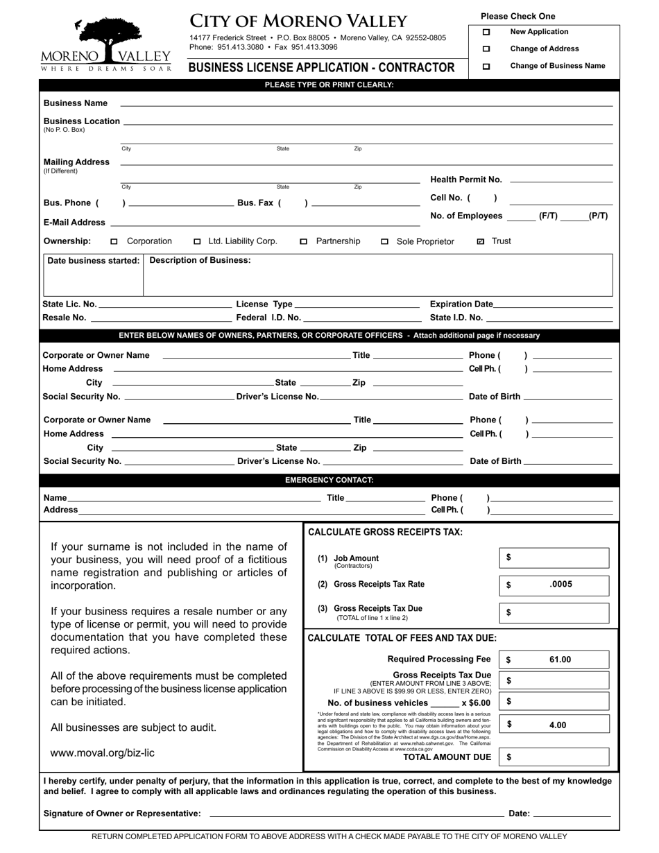 Business License Application - Contractor - City of Moreno Valley, California, Page 1