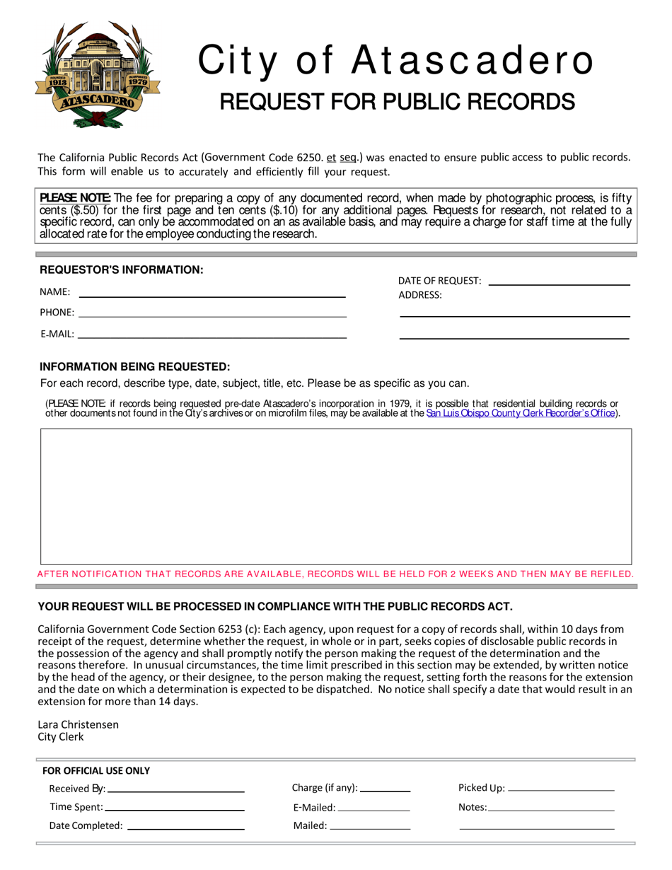 Request for Public Records - City of Atascadero, California, Page 1
