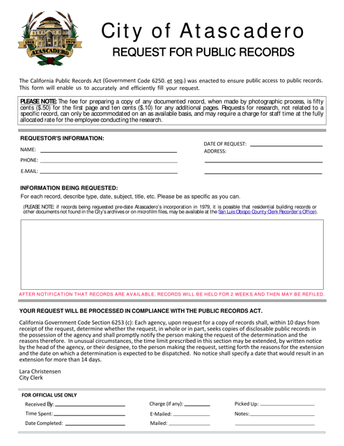 Request for Public Records - City of Atascadero, California