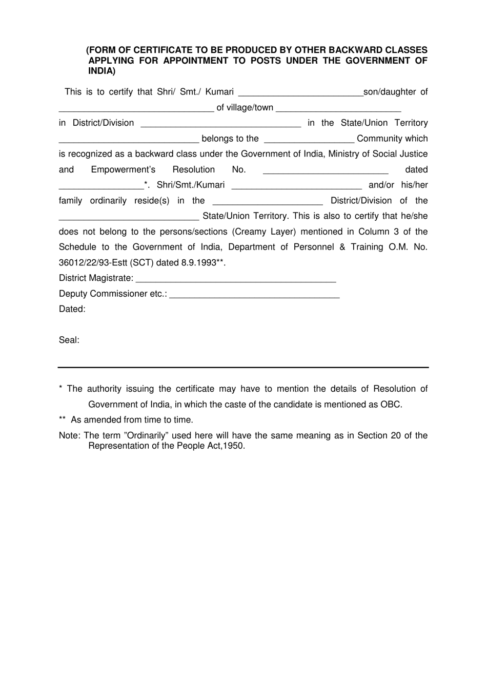Form of Certificate to Be Produced by Other Backward Classes Applying for Appointment to Posts Under the Government of India - India, Page 1