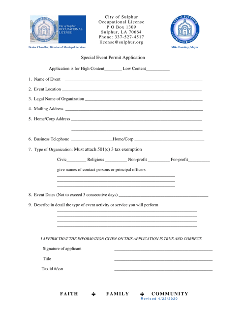 Special Event Permit Application - City of Sulphur, Louisiana Download Pdf