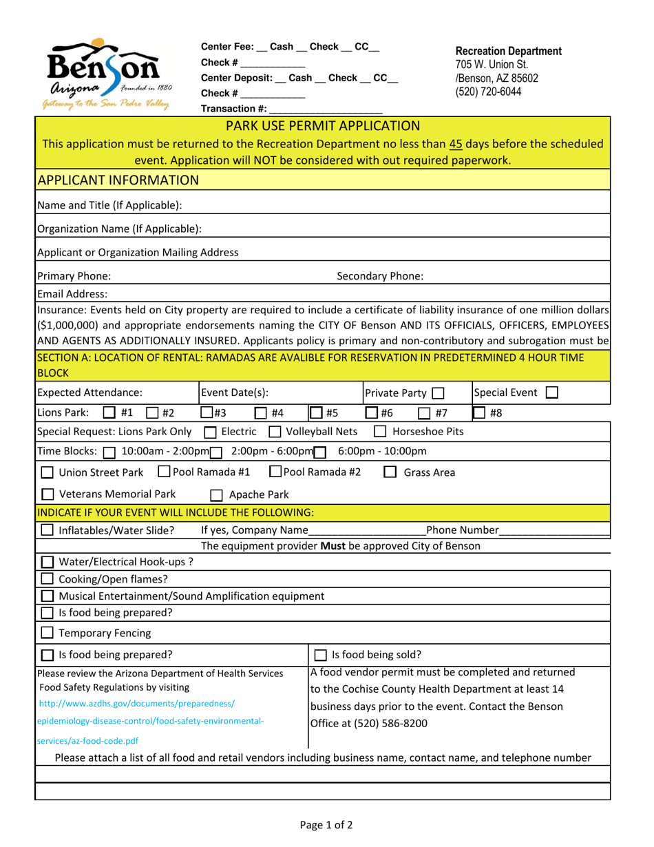 City of Benson, Arizona Park Use Permit Application Fill Out, Sign