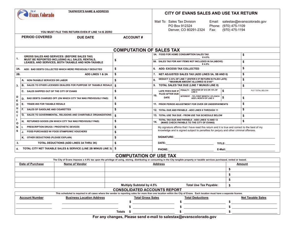 City of Evans, Colorado Sales and Use Tax Return Fill Out, Sign