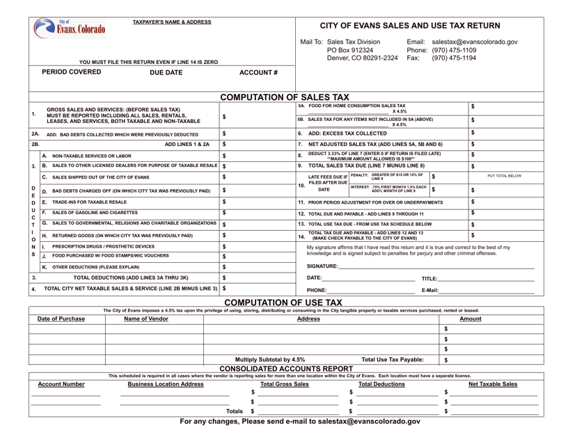 Sales and Use Tax Return - City of Evans, Colorado