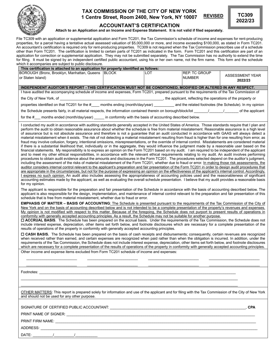 Form TC309 Accountants Certification - New York City, Page 1