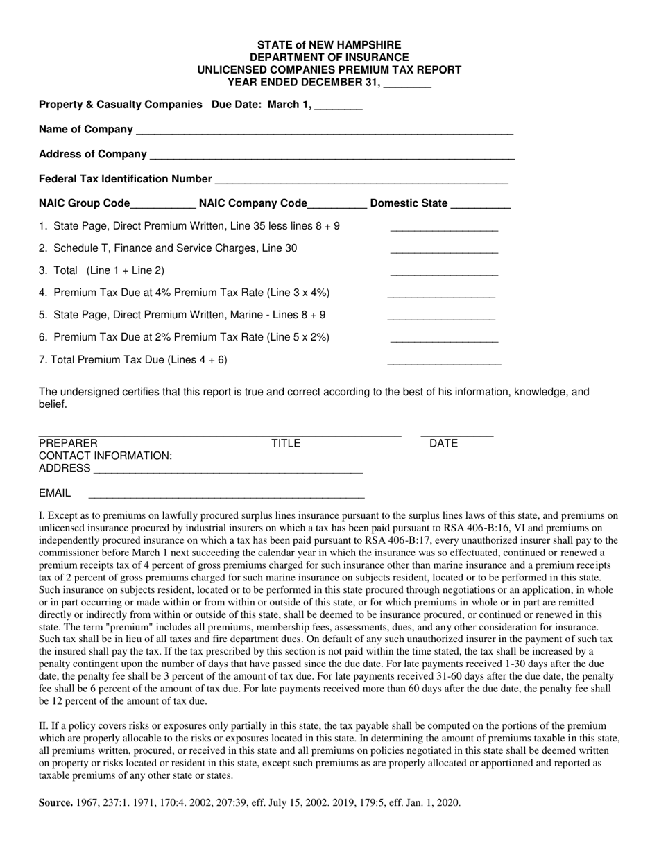 Life Company Unlicensed Premium Tax Report - Property and Casualty Companies - New Hampshire, Page 1