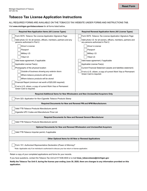 Form 337 Tobacco Tax License Application Instructions - Michigan