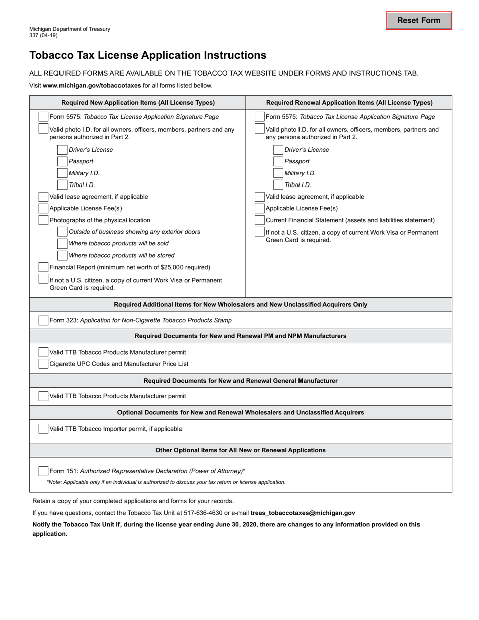 Form 337 Tobacco Tax License Application Instructions - Michigan, Page 1