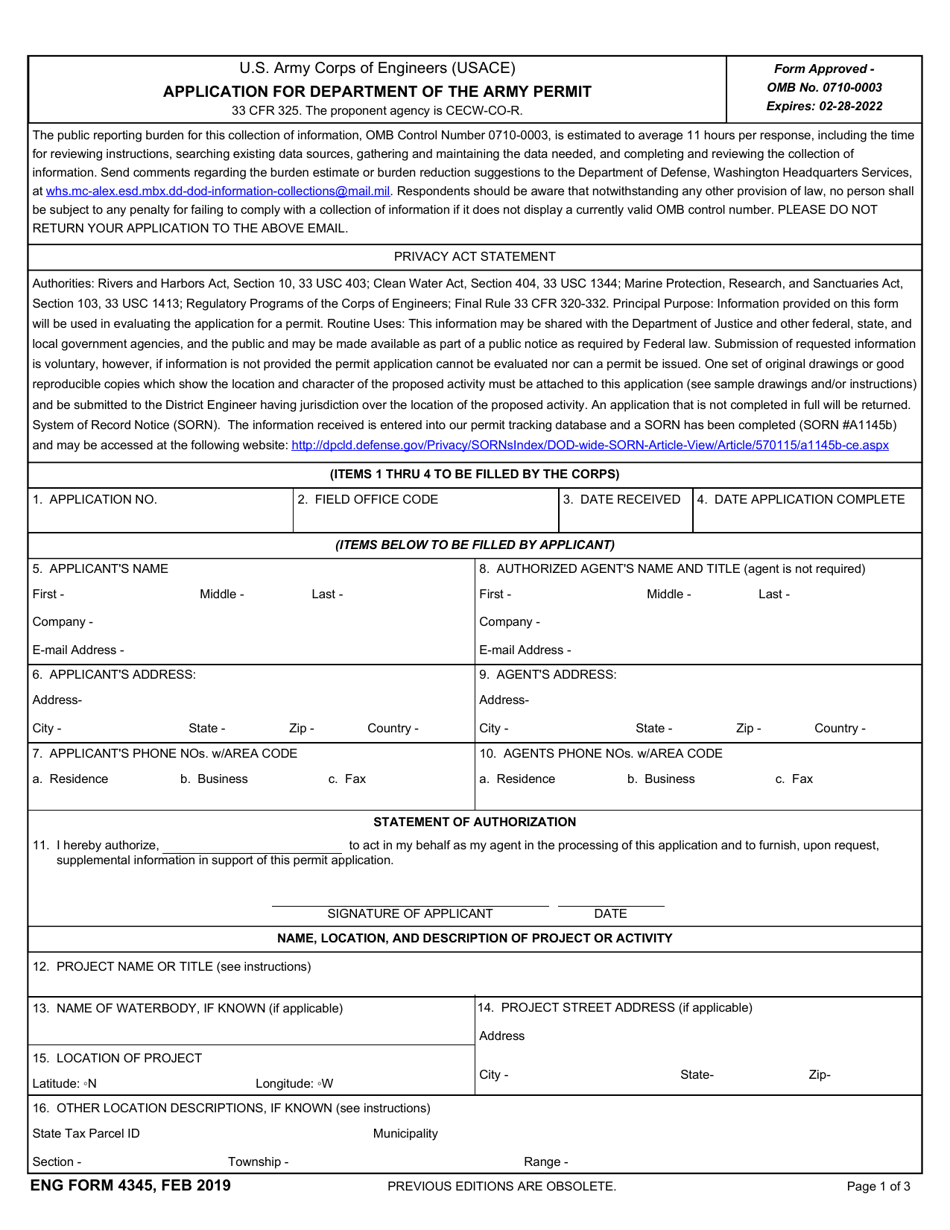 ENG Form 4345 Application for Department of the Army Permit, Page 1