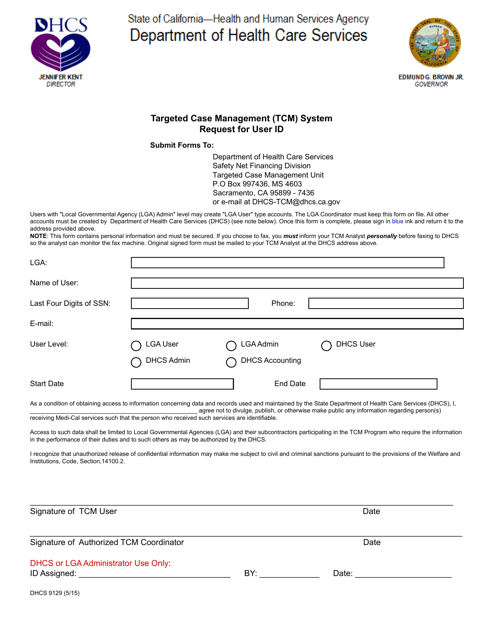 Form DHCS9129  Printable Pdf