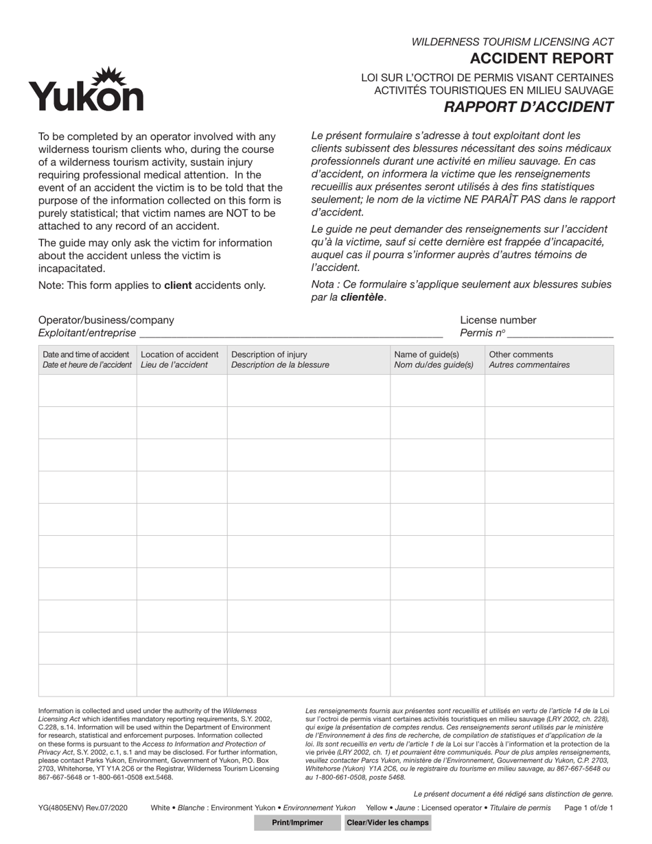 Form YG(4805ENV) Accident Report - Wilderness Tourism Licensing Act - Yukon, Canada (English / French), Page 1