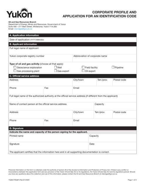Form YG6477EQ Corporate Profile and Application for an Identification Code - Yukon, Canada