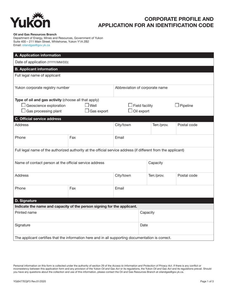 Form YG6477EQ Corporate Profile and Application for an Identification Code - Yukon, Canada, Page 1