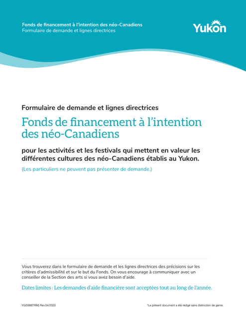 Forme YG5988TRM Formulaire De Demande - Fonds De Financement a L'intention DES Neo-Canadiens - Yukon, Canada (French)