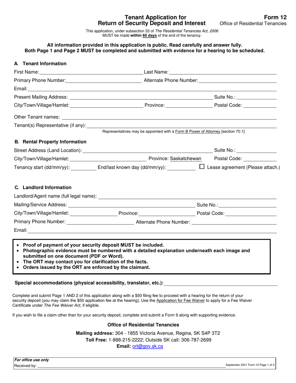 Form 12 Tenant Application for Return of Security Deposit and Interest - Saskatchewan, Canada, Page 1