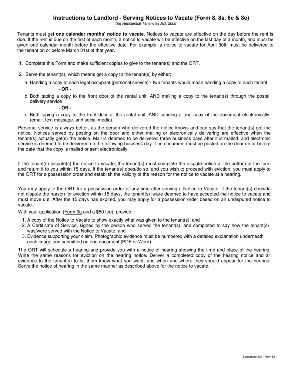Form 8A Notice to Vacate - Employee - Saskatchewan, Canada, Page 1