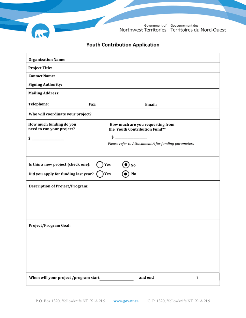 Youth Contribution Application - Northwest Territories, Canada, Page 1