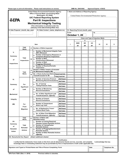 EPA Form 7520-3 Part III Inspections Mechanical Integrity Testing - Uic Federal Reporting System