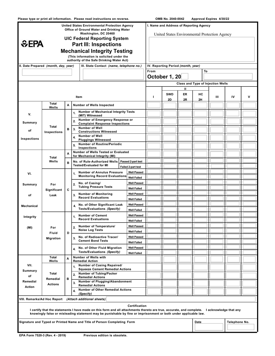EPA Form 7520-3 Part III Inspections Mechanical Integrity Testing - Uic Federal Reporting System, Page 1