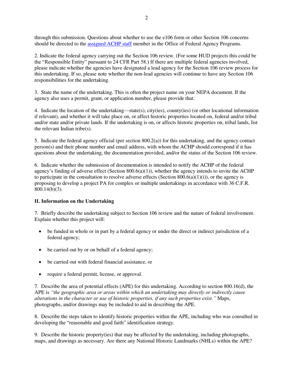 Instructions for Form E106 Electronic Section 106 Documentation Submittal System Form, Page 2