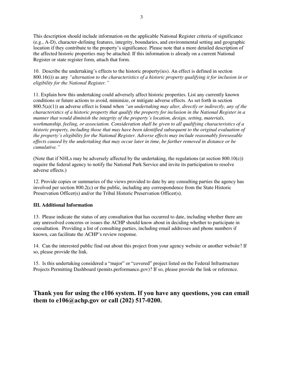 Instructions for Form E106 Electronic Section 106 Documentation Submittal System Form, Page 3