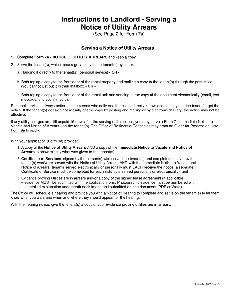 Form 7A Notice of Utility Arrears - Saskatchewan, Canada, Page 1
