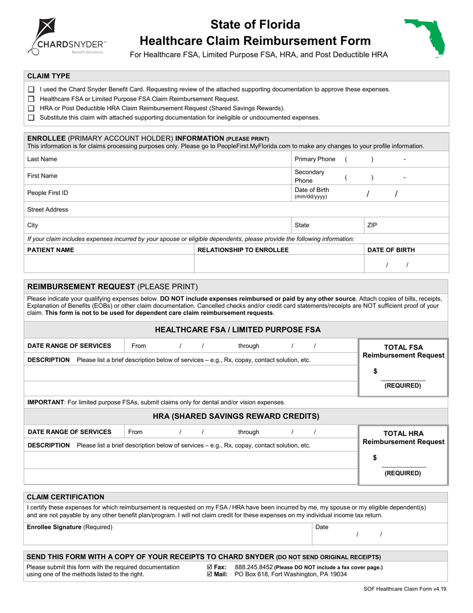 Healthcare Claim Reimbursement Form for Healthcare FSA, Limited Purpose FSA, HRA, and Post Deductible Hra - Florida, Page 1