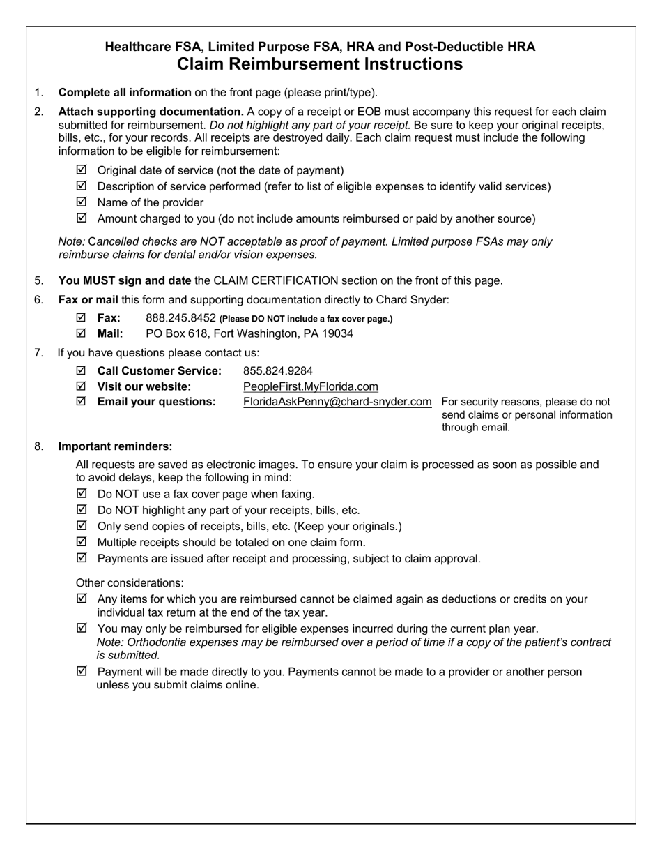 Healthcare Claim Reimbursement Form for Healthcare FSA, Limited Purpose FSA, HRA, and Post Deductible Hra - Florida, Page 2