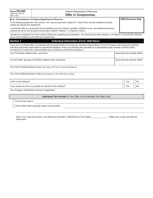 Form FS-OIC (State Form 50112) Offer in Compromise - Indiana